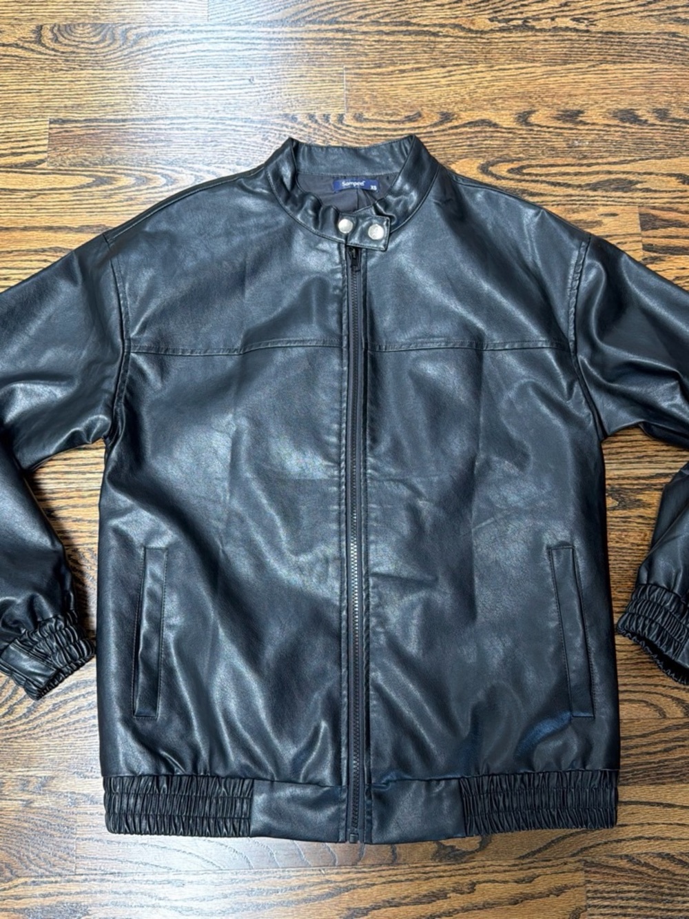 Women's Black Faux Leather Oversized Bomber Jacket Size XS